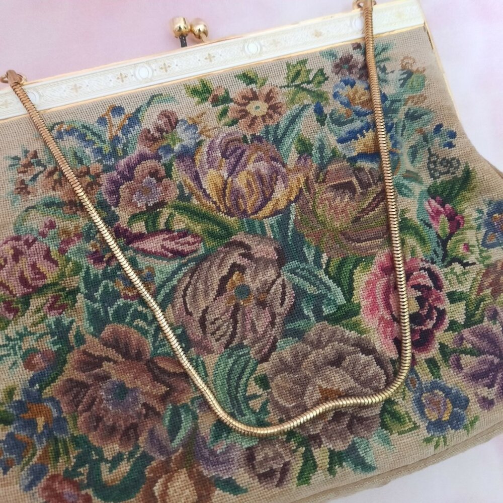 Vintage 50s 60 Tapestry Bag Small Floral Handbag Purse Evening Bag Chain Strap